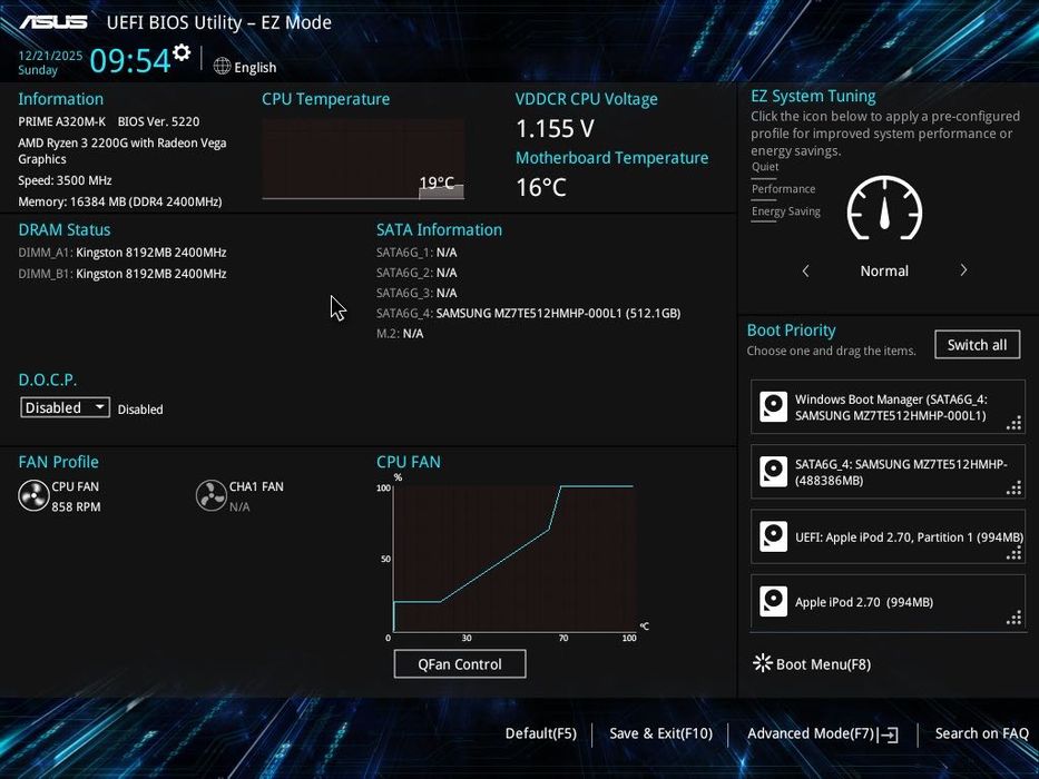 Motherboard ASUS PRIME A320M-K + CPU Ryzen 3 2200G