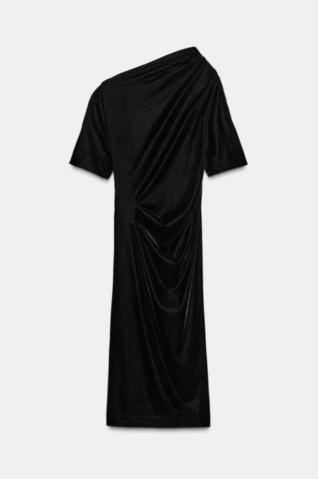 Aksamitna czarna asymetryczna sukienka midi Zara XS S
