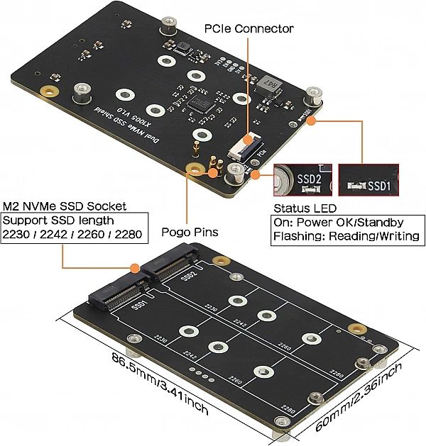 Adapter dysków X1005 Dual NVMe SSD Raspberry Pi 5, Hailo-8 AI