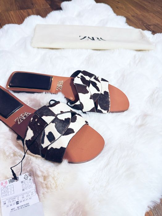 ZARA klapki skorzane w łaty z włosiem r. 38