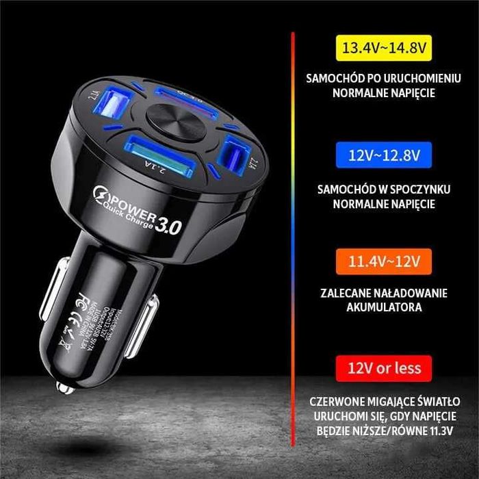 ŁADOWARKA SAMOCHODOWA USB 4 porty fastcharging