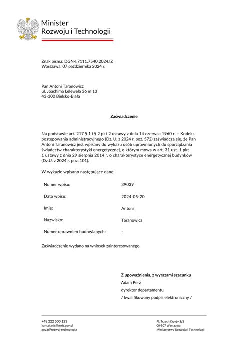 AUDYT ENERGETYCZNY+DRON | Czyste Powietrze, Termowizja, Uprawnienia Nr. 39039
