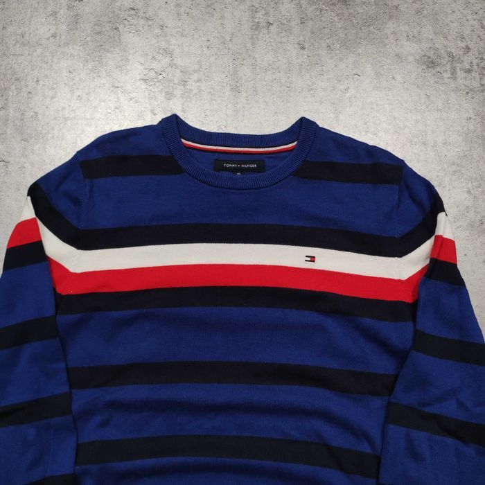 MĘSKI PREMIUM Elegancki Sweter Granat Paski Tommy Hilfiger Bawełna
