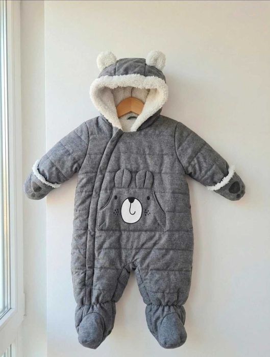 Super Warm Padded Jumpsuit Lined with Plush – With Bear Ears