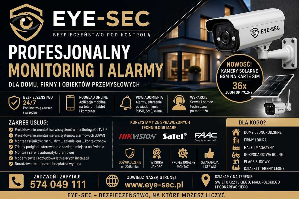15. MONTAŻ / SERWIS - Monitoring, Kamery, Kamery solarne, Alarm- TANIO