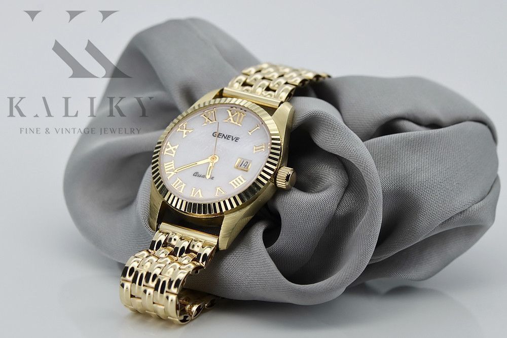 Złoty zegarek damski 14k Geneve z perłową tarczą lw020ydpr&lbw004y K