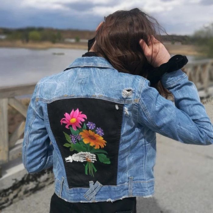 Kurtka jeansowa custom flowers kwiaty XS