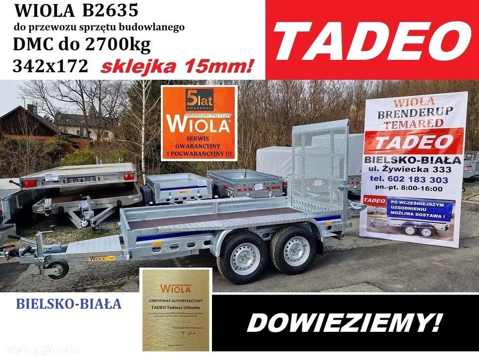 Wiola B2635 z trapem wzmocniona podłoga 15mm  342×172 przyczepa pod koparkę, DMC 2700kg, B2735