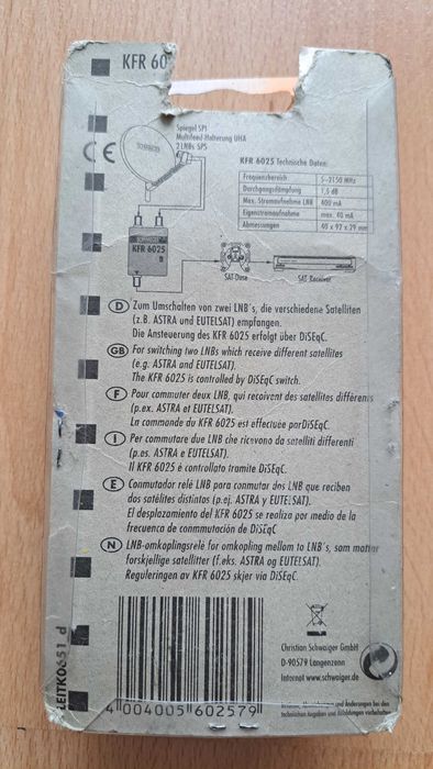 Przełącznik satelitarny switch SAT DiSEqC 2 na 1 Schwaiger KFR 6025