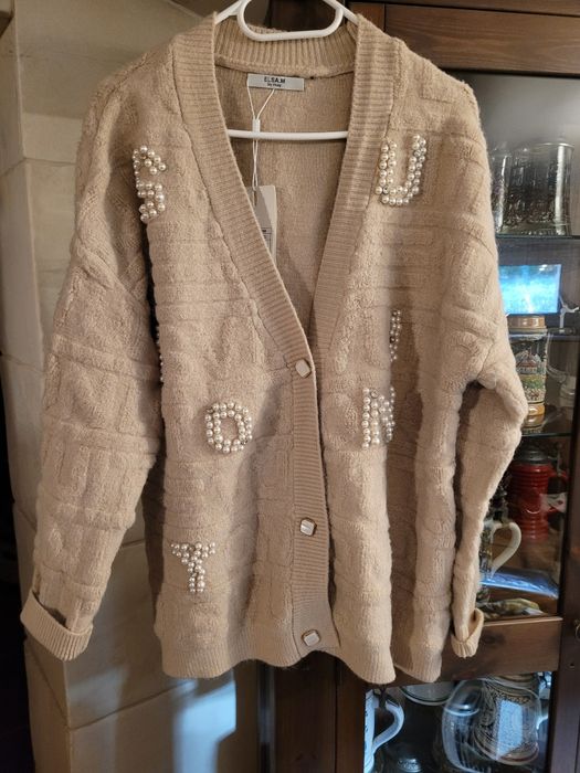 Sweter damski nowy beżowy zdobiony XXL