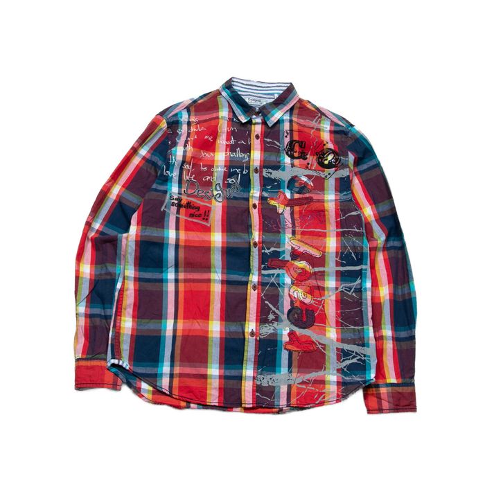 Desigual koszula w kratę avant garde L męska hafty naszywki nadruki