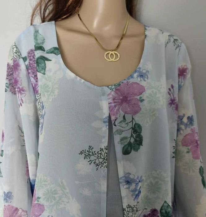 Bluzka błękitna kwiaty elegancka plus size 50 5XL old money kolorowa