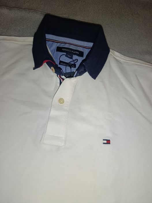 Nowa Koszulka Polo TOMMY HILFIGER Biała Granatowy Kołnierzyk r. S Custom Fit ORYGINAŁ