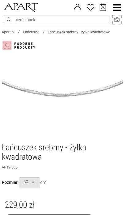 Łańcuszek srebrny pełny zawieszka bursztyn naszyjnik 50cm Apart 925