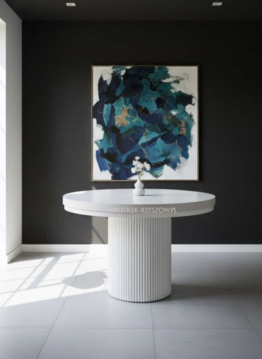 Stół okrągły rozkładany z ryflowaną podstawą, lamel, kaszmir