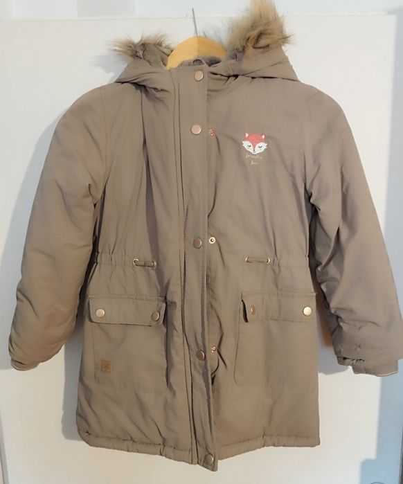 Kurtka dziewczęca zimowa r. 140 – ciepła, kaptur z futerkiem