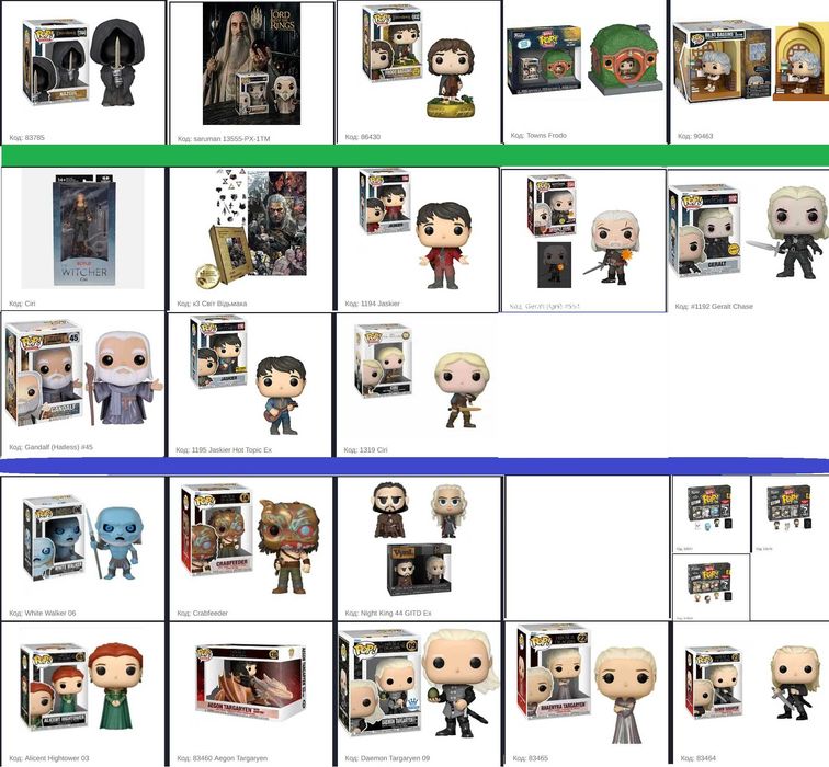 Фігурки Funko світів Lord of the rings, Game of Thrones,Potter,Witcher