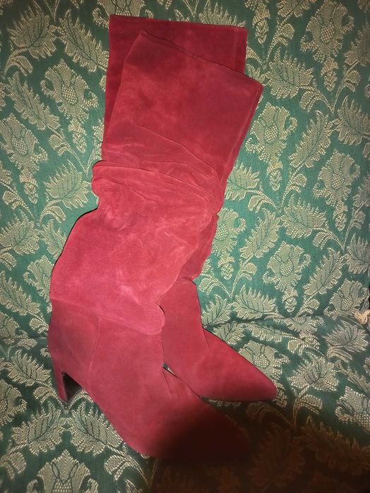 Buty kozaki bordowe z zamszu i skóry