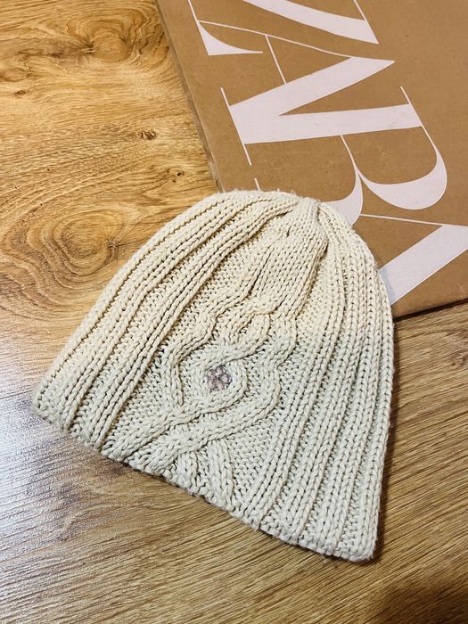 Kremowa pleciona czapka warkocz zimowa damska