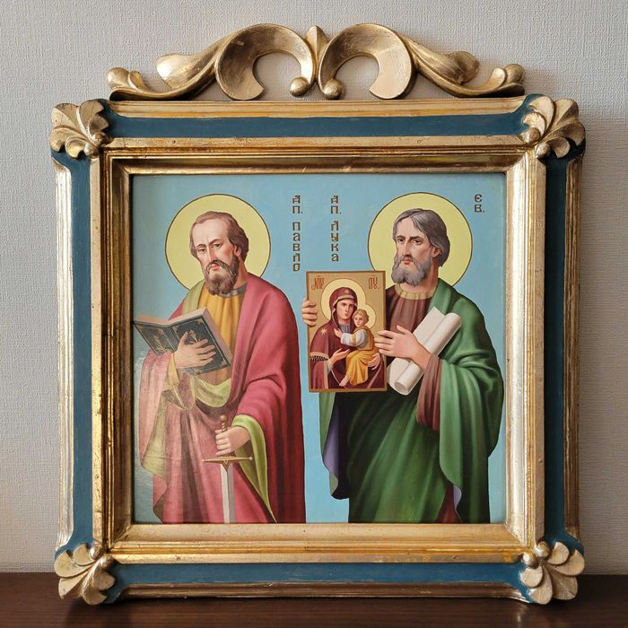 Большая украинская винтажная икона Апостолы Лука Павел Барокко