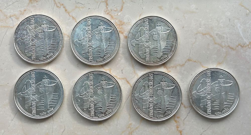 Lote 7 moedas prata 1000 escudos 1994 Tratado de Tordesilhas