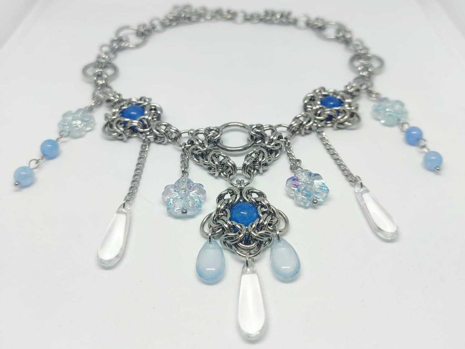 Choker naszyjnik handmade z akwamarynem szkłem Stal chirurgiczna