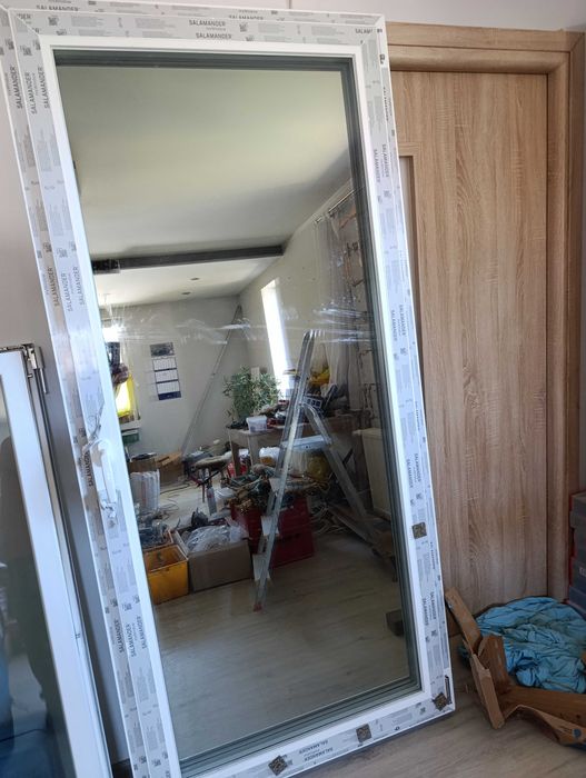 NOWE Okno balkonowe-tarasowe 975/2090. 3-szybowe lustro weneckie białe