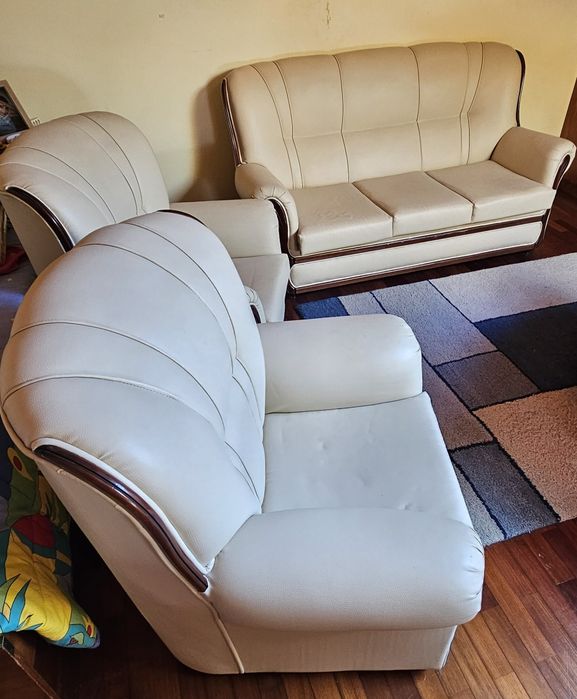 Sofá e 2 Poltronas (Pele,  Cor  Branco)