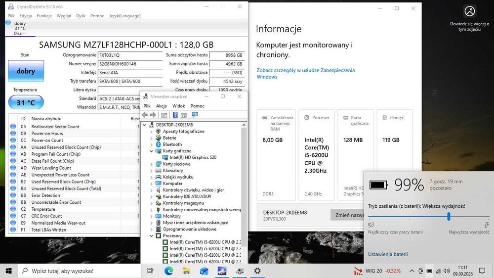 Lenovo L460, 128g/8g ram, Core i5 6200U, bat. 80,9%, Bios 2022 r.