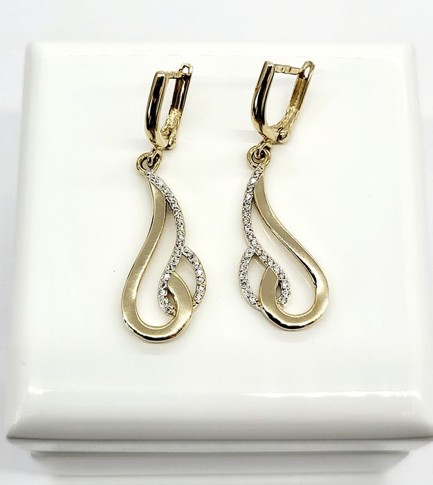 Złote wiszące kolczyki z cyrkoniami, próba 585