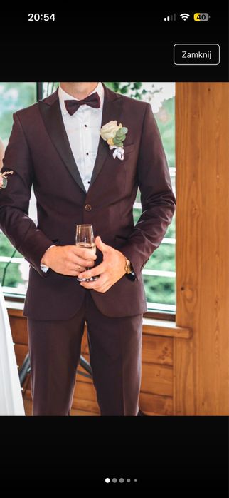 Garnitur ślubny z kamizelką męski pana młodego burgundowy bordowy glamour M