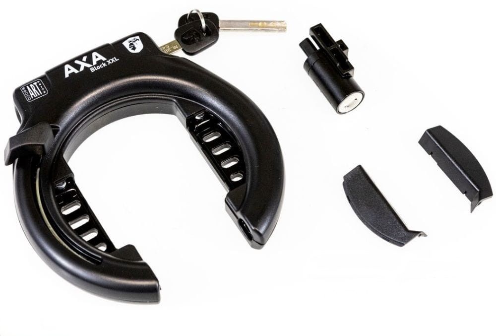 Blokada koła AXA Block XXL + zamek baterii Shimano Steps intube