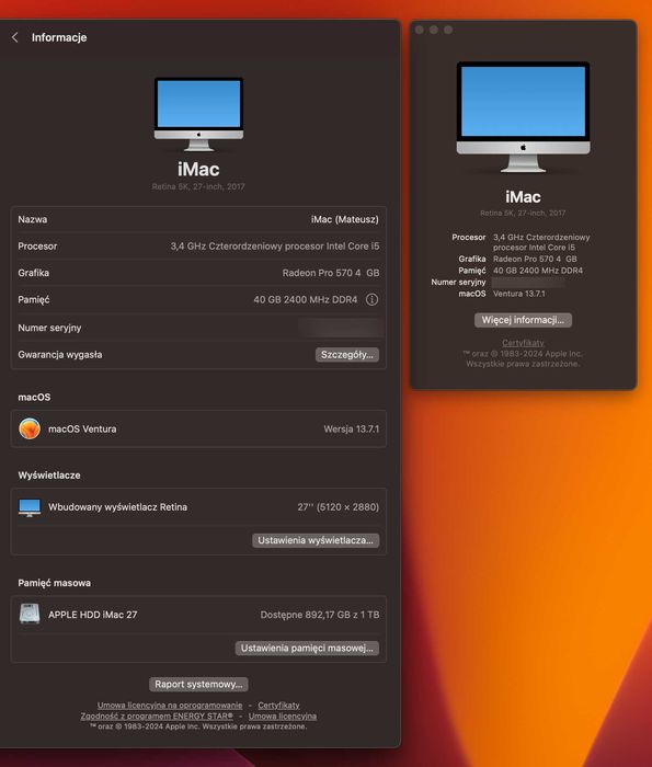 Apple iMac 27 5K i5 3,4 Ghz Radeon Pro 570 4GB  1 TB / 40 Gb RAMu