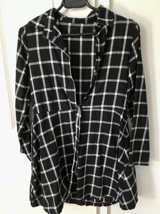 Koszula tunika sukienka flanelowa w kratę kratkę S/M czarna retro