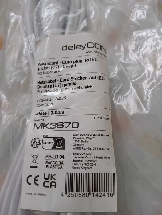 Cabo alimentação de 3mts. deleyCON mod. MK3670.