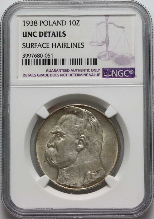 191. 10 złotych Piłsudski 1938 NGC UNC DETAILS Piękny