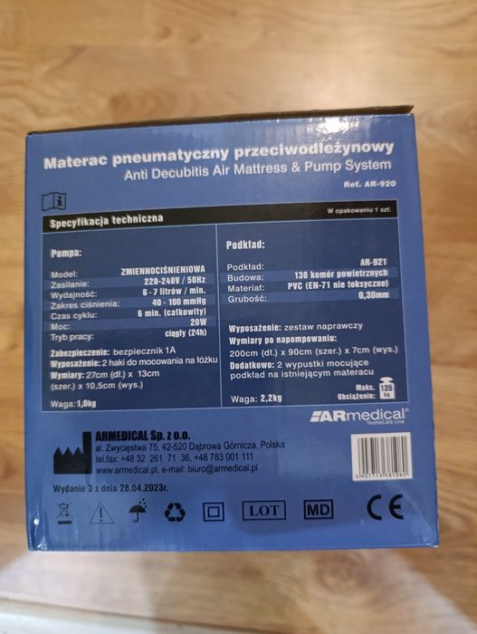 Materac pneumatyczny przeciwodleżynowy