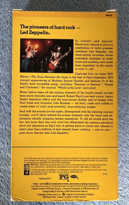 LED ZEPPELIN - The Song Remains The Same - VHS - Unikat - USA -1987