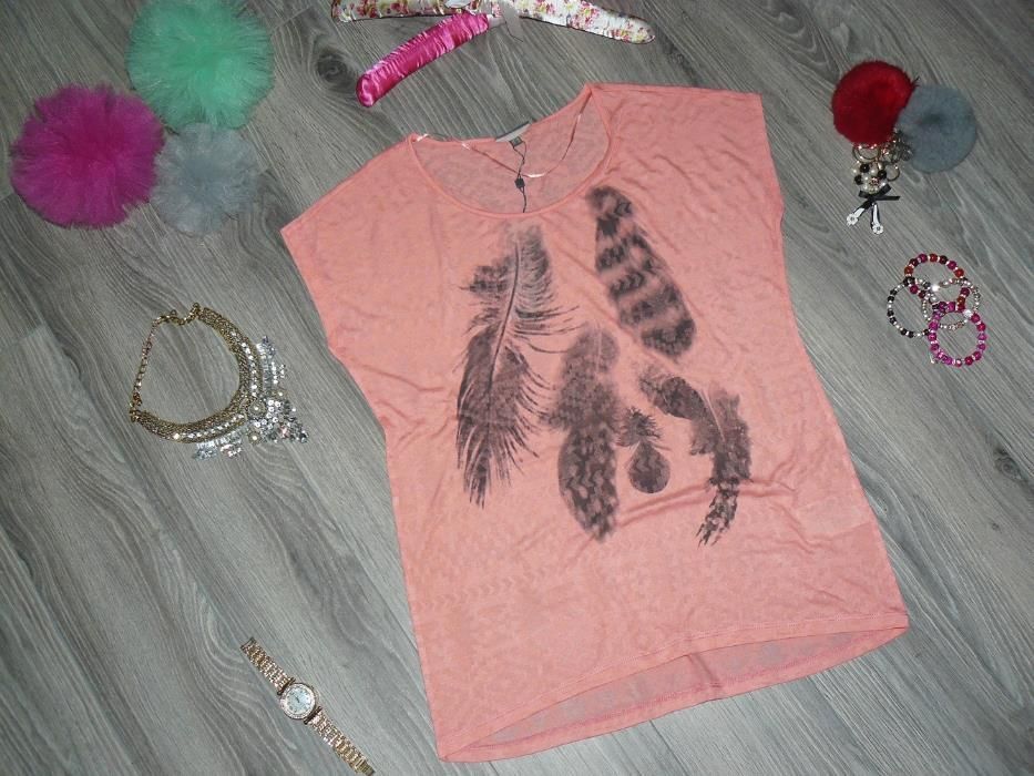 Street One Bluzka 40/42 XL neon róż pióra wzory aztec oversize nowa