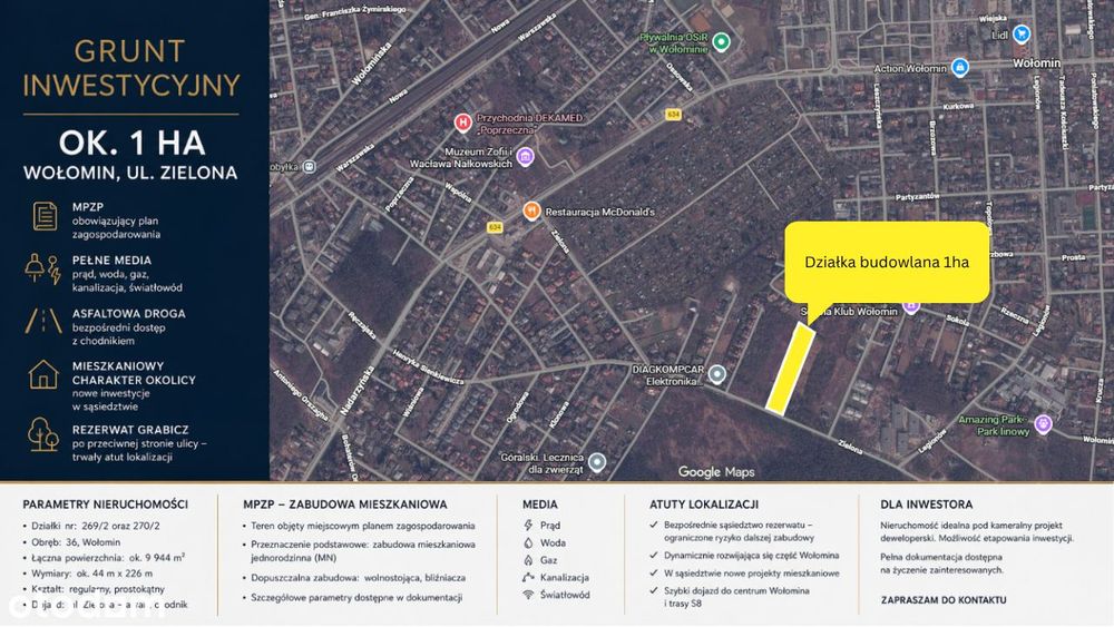 Działka budowlana inwestycyjna | 1 ha| MPZP | media | Wołomin |Zielona
