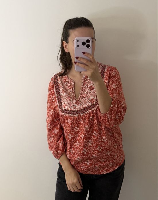 TU Bluzka koszulowa czerwona biała 4XL ornament 100% bawełna