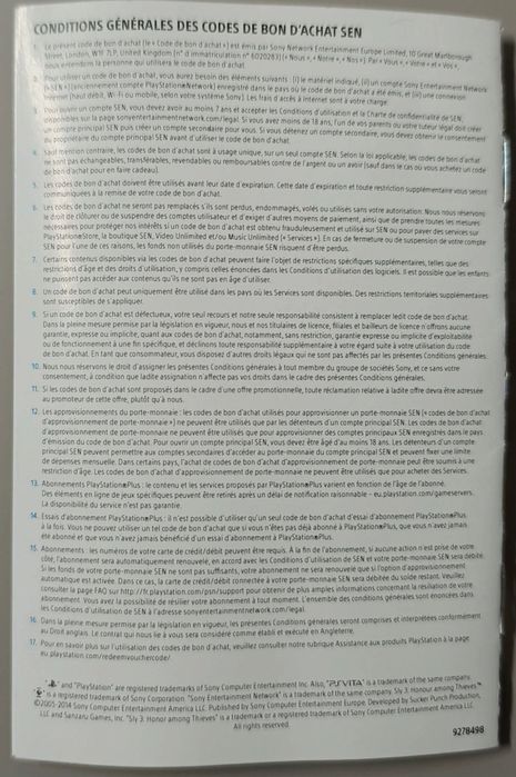 Artigo de Colecionador  Sly Cooper PS Vita (Apenas Papel)