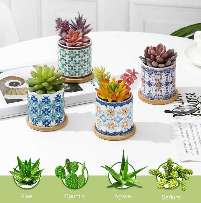 Doniczki ceramiczne na sukulenty, zestaw 4 ozdobnych doniczek