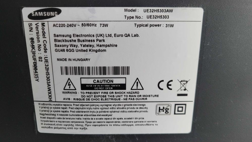 Telewizor Samsung UE32H5303AW na części CY-DH032BGSV1H zepsuta matryca