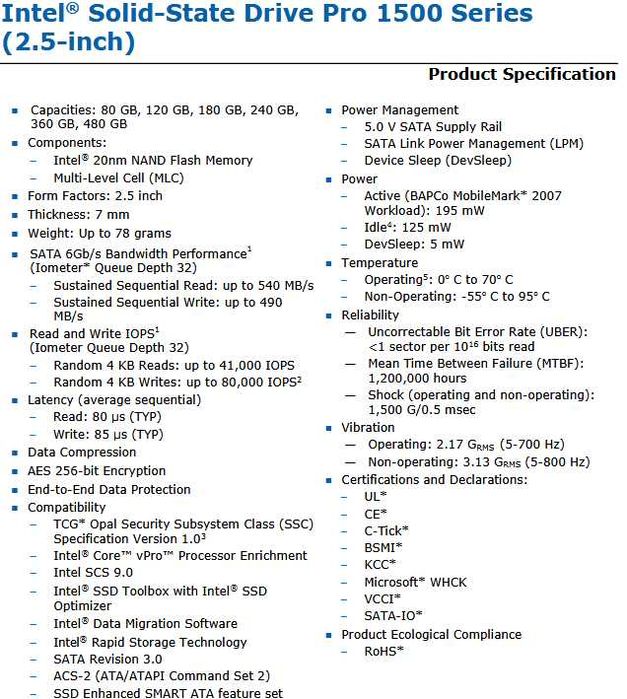 ssd 180 GB, MLC, SATA, Intel pro 1500