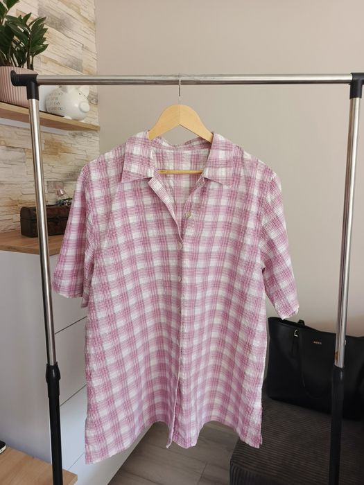 Bawełniana koszula z krótkim rękawem, w różowo-białą kratkę