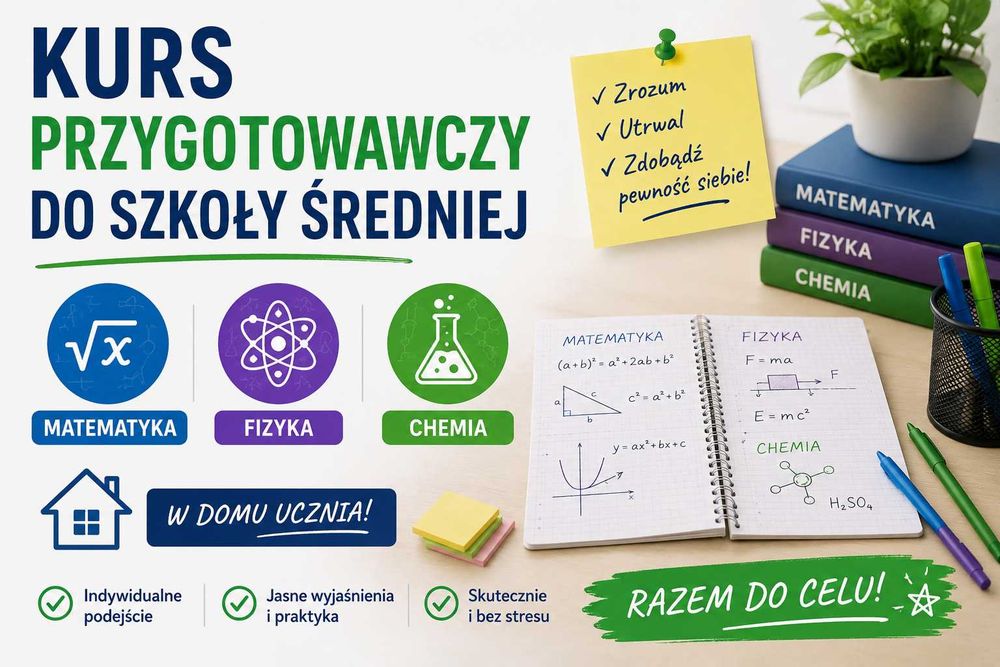 Korepetycje z matematyki, fizyki i chemii. Wakacyjny kurs przygotowawczy do szkoły średniej.  W domu ucznia.