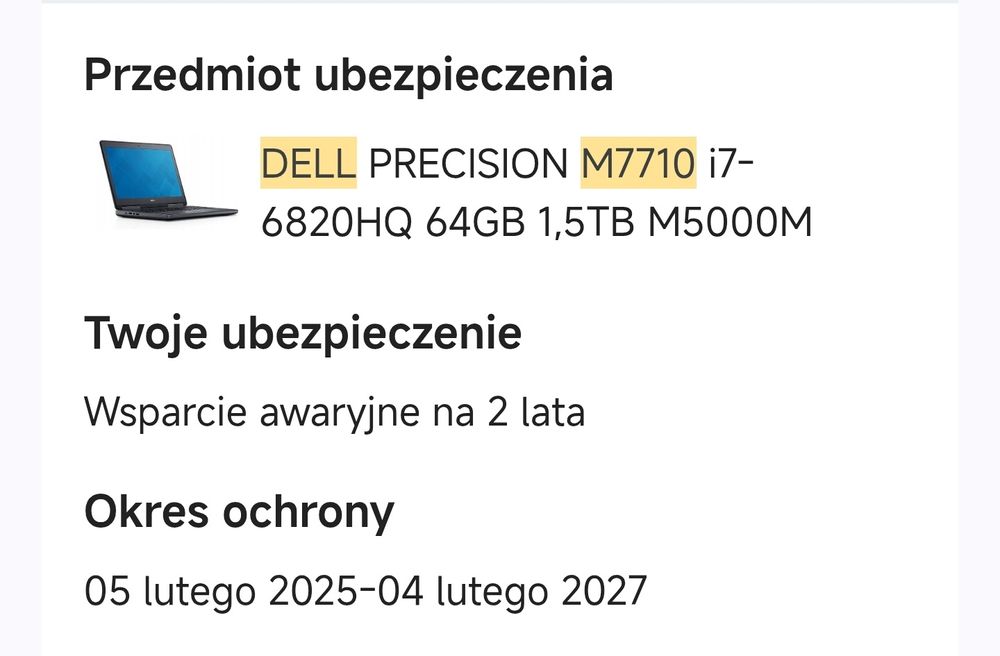 DELL PRECISION M7710 i7-6820HQ 64GB 1,5TB M5000M gwarancja, ubezpiecze