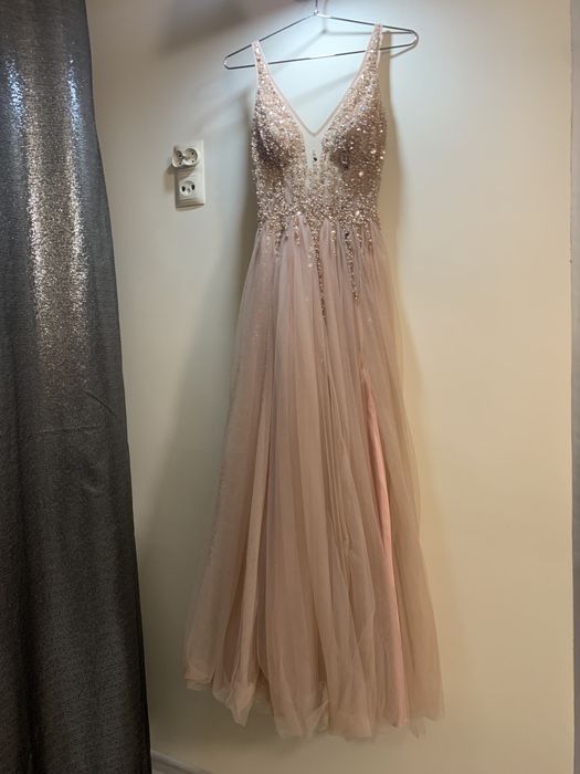 Piękna Suknia ślubna Pudrowy róż  beżowa z kryształkami XS