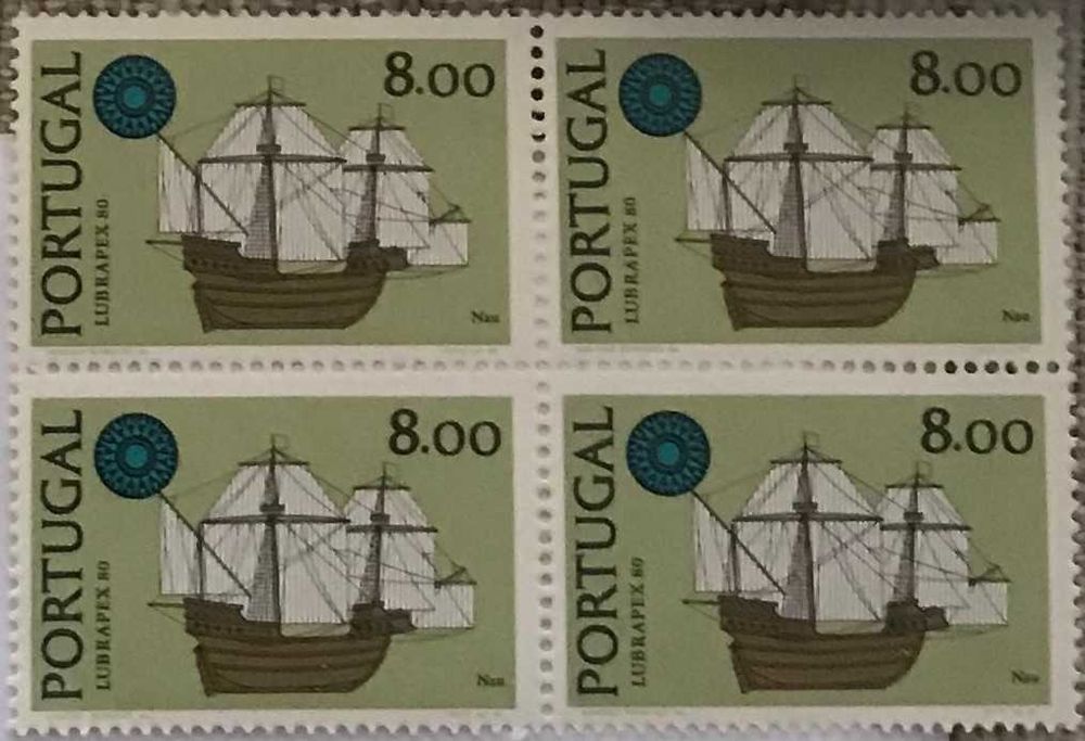 Quadra de selos novos de 8$00 - Barcos - Lubrapex 80 - 1980
